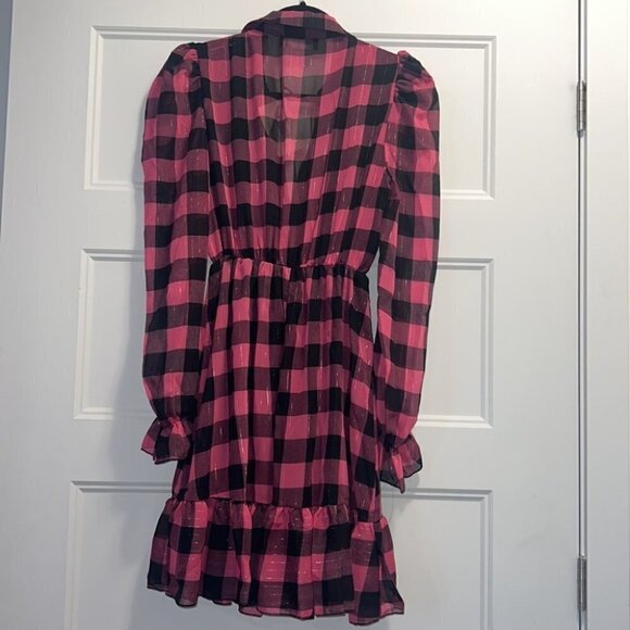 Vanessa Scott pink ruffle tunic dress tartan print long sleeves dress size M - Picture 9 of 14